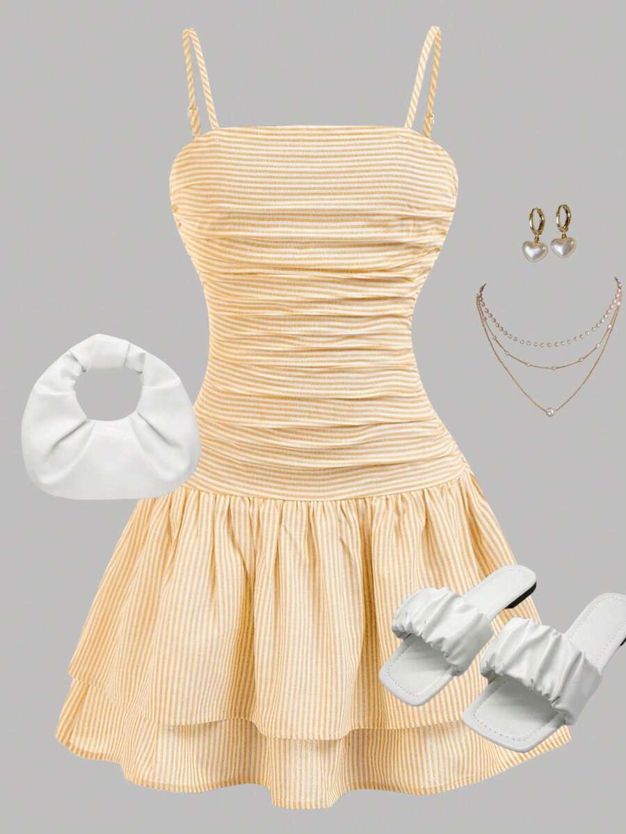 Girlism Váy ngắn chữ A nhún bèo sọc xanh trắng cho bé gái tuổi teen, trang phục thường ngày cho kỳ nghỉ bãi biển, mùa xuân/hè - Màu vàng - Xem 1