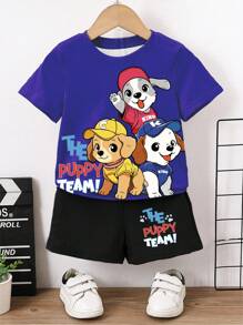 SHEIN Playful Pals 男宝宝两件套休闲卡通印花短袖T恤和短裤套装 - 彩色 - 查看 4