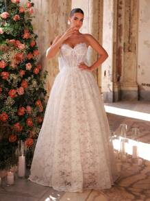 Glamrae Elegant Luxurious Strapless Big Bow Lace Fishtail Backless Extra Flaring Bridal Dress With Trailing, Suitable For Wedding, Single Party, Vacation, Ball, Honeymoon - Beige - View 7