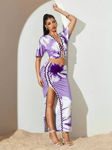 Sirith 女士碎花短款泡泡袖上衣和修身半裙套装，优雅度假两件套 - 紫色 - 查看 6