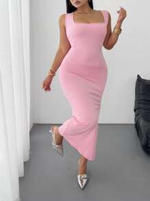 Maweii Plus Size Square Neck Ruched Waist Fitted Cami Dress - Pink - View 4