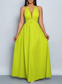 SOLERSUN Women Solid Color Halter V-Neck Vacation Holiday Beach Criss Cross Tie Backless Maxi Dress Vacation Beach Outfits - Green - View 3
