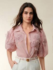 Anewsta Women's Elegant Floral Applique Pink Blouse, Romantic Valentine's Day Summer Holiday - Pink - View 7