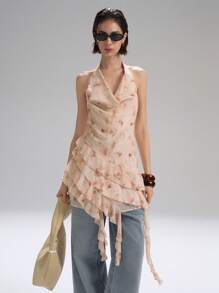 LYSMO Tie-Dye Print Backless Drapey Ruffle Chiffon Mini Dress For Vintage Boho Style 2025 New Arrival - Beige - View 5