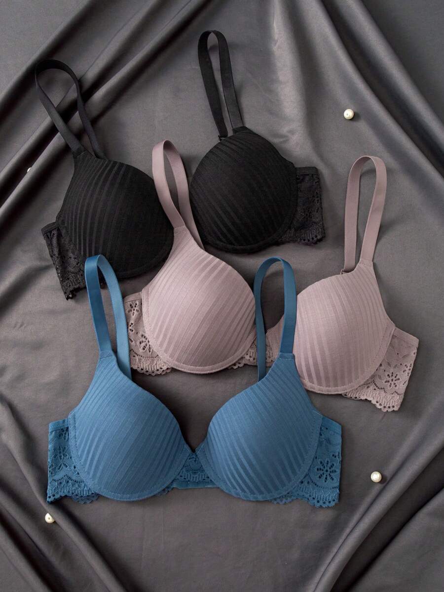 SHEIN Conjunto de 3 piezas de lencería para mujer con brassiere de encaje en unicolor - Multicolor - Ver 1