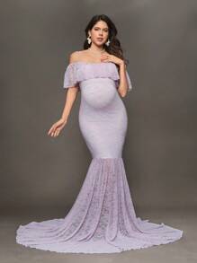 SHEIN Maternity Ruffled Lace Off-Shoulder Dress For Photoshoot, Baby Christening, Party - Mauve Purple - View 3
