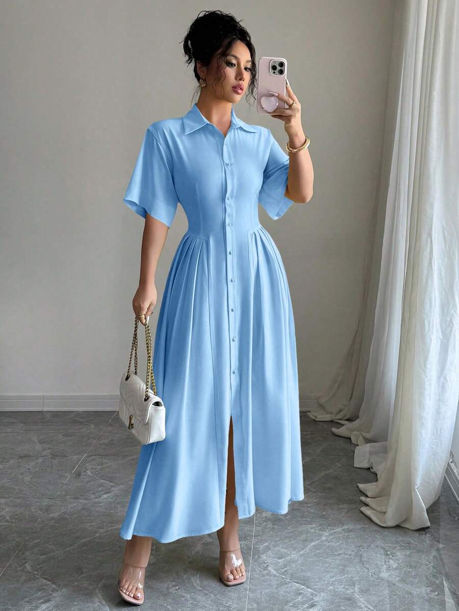 Elenzga Vestido largo con diseño de solapa y borde abullonado, azul - Celeste - Ver 1