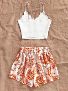 Soleia 2 piezas Conjunto de pantalones cortos y top de mujer de verano, pantalones cortos azules retro con estampado y top de tirantes con adorno de teñido anudado, pantalones cortos holgados de cintura elástica con estampado floral, conjunto de ropa de verano de 2 piezas para vacaciones - Naranja - Ver 2