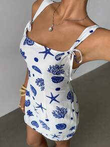 Aloruh Women's Summer Elegant Daily Fashion Simple Casual Commuting Music Festival Concert Y2K Ocean Element Print Cute Dress Island Beach Vacation White Blue Print Dress Young Girl Short Dress Allover Print Mini Casual Dress, Vacation Style