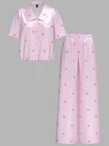 SHEIN Tall 2件套女士粉色蝴蝶结印花条纹短袖上衣和宽松裤子缎面睡衣套装 - 彩色 - 查看 5