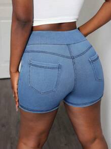 Flexra Quần short denim dệt kim cho nữ, quần short bó sát gợi cảm cạp chun mới mùa hè, đa năng tối giản - Rửa nhẹ - Xem 2