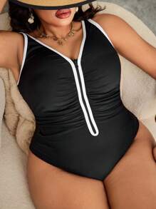 Swim Vcay Plus Size Women One-Piece Swimsuit, Conservative Solid Color Black & White Panel Beach Party Holiday Swimwear For Summer Beach Vacation - Black - View 1