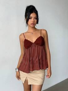 Top de tirantes de mujer con encaje, parches y estampado de lunares, ideal para el verano - Rojo - Ver 6