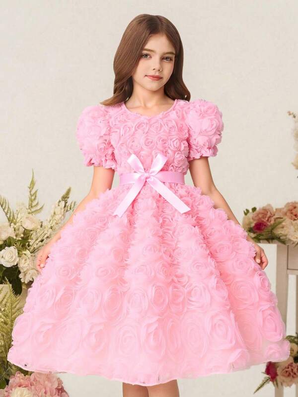 Girls' Solid Color Puff Sleeve 3D Floral Elegant Dress With Belt, Summer