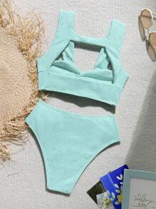 SHEIN Tween Girl Vacation Circular Hollow Drawstring One-Piece Swimsuit, Beach Wear - Green - View 2