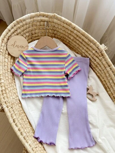 SHEIN Babygirl Cute Summer Casual Versatile Knitted Colorful Striped Short Sleeve Top & Elastic Waist Pants Set