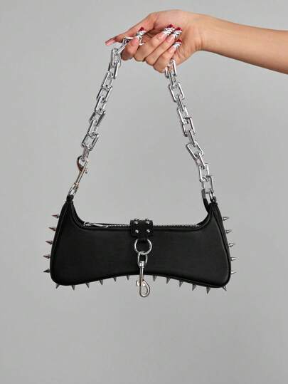 Grunge Punk Women's Punk Edge Studded Shoulder Bag With Acrylic Chain Straps - Urban Streetwear Style Purse For Everyday Use