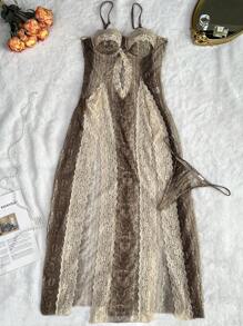 SHEIN 2pcs/Set Lace, Snake Skin & Leopard Print Mesh Sexy Women Slip Dress With Underwire [Slip Dress + G-String] For Going Out - Multicolor - View 7