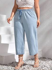 SHEIN CURVE+ Plus Size Women Autumn Drawstring Waist Jeans - Light Wash - View 3