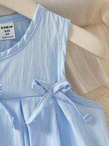 SHEIN Elladie kids 2 件套年轻女孩韩版甜美装，蝴蝶结装饰 A 字形荷叶边连衣裙上衣 + 宽松阔腿短裤，夏季 - 藍色 - 查看 6