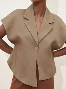 Femmeiva Premium Commuter Tweed Collared Fitted Waist Minimalist Metal Button Women Suit Jacket - Khaki - View 3