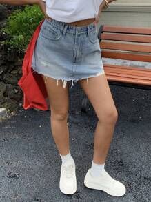 DAZY Women's Summer Frayed Hem Skirt, Casual Street Style Denim Mini Skirt,Back To School Clothes Jeans Skirt - Light Wash - View 7