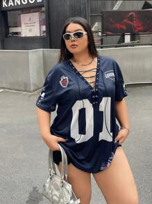 SHEIN EZwear Plus Size Drawstring Ball Graphic Letter Print Loose Navy T-Shirt Oversized Jersey Football Jersey Women,Back To School