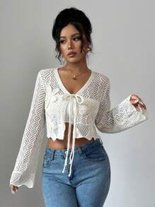 Elenzga Women's Lightweight Geometric Patterned Tie Front Cardigan, Vacation Style, Spring/Summer Fall Cloth For Women - Beige - View 4