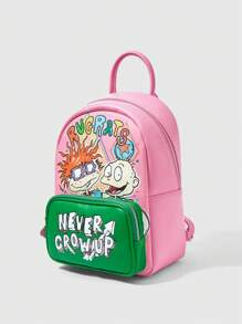 Nick 90's X ROMWE Fashionable Casual Contrast Color Cartoon Pattern Backpack, Back To School Essentials, Preppy Backpack For School - Pink - View 4