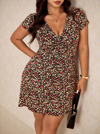 Elaquor Vestido casual de verano con estampado floral ditsy para tallas grandes