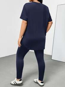 SHEIN Essnce Plus Size Women's Spring And Summer Fashion Casual Sports Comfortable Basic Versatile Slimming Daily Black Short-Sleeved T-Shirt And Leggings Two Pieces Set,Pants Set,Street Wear,Airport Outfits,Summer Outfits For Women,Going Out Outfits,Y2k Clothes,Minimalist Style,Church Clothes For Women