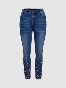 SHEIN BAE 女士牛仔裤，Selenza 十二生肖系列 - 五月诞生石：祖母绿，工艺系列，优雅通勤与休闲，高贵，健康，治愈，鼓舞人心，团结和同理心 - 藍色 - 查看 8