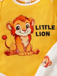 SHEIN 4pcs Baby Boys' Casual Daily Wear Basic Home Cute & Fun Lion Printed Bodysuit And Long Pants Set With Hat & Gloves, Spring/Summer - Yellow - View 6