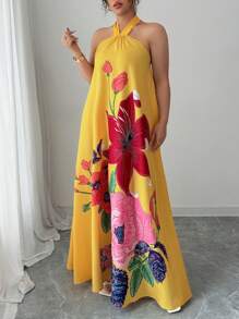 Elenzga Vestido largo de verano con estampado floral, cuello halter, sin mangas y línea A, para mujeres de talla grande - Multicolor - Ver 5