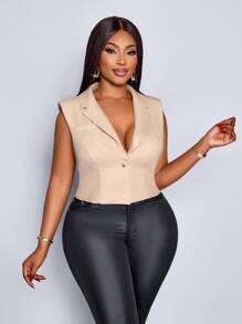 Maweii Women's Solid Color Notched Lapel Single-Breasted Cropped Casual Blazer Vest For Autumn Graduation,Back To School,Teacher Outfits For Women - Khaki - View 7