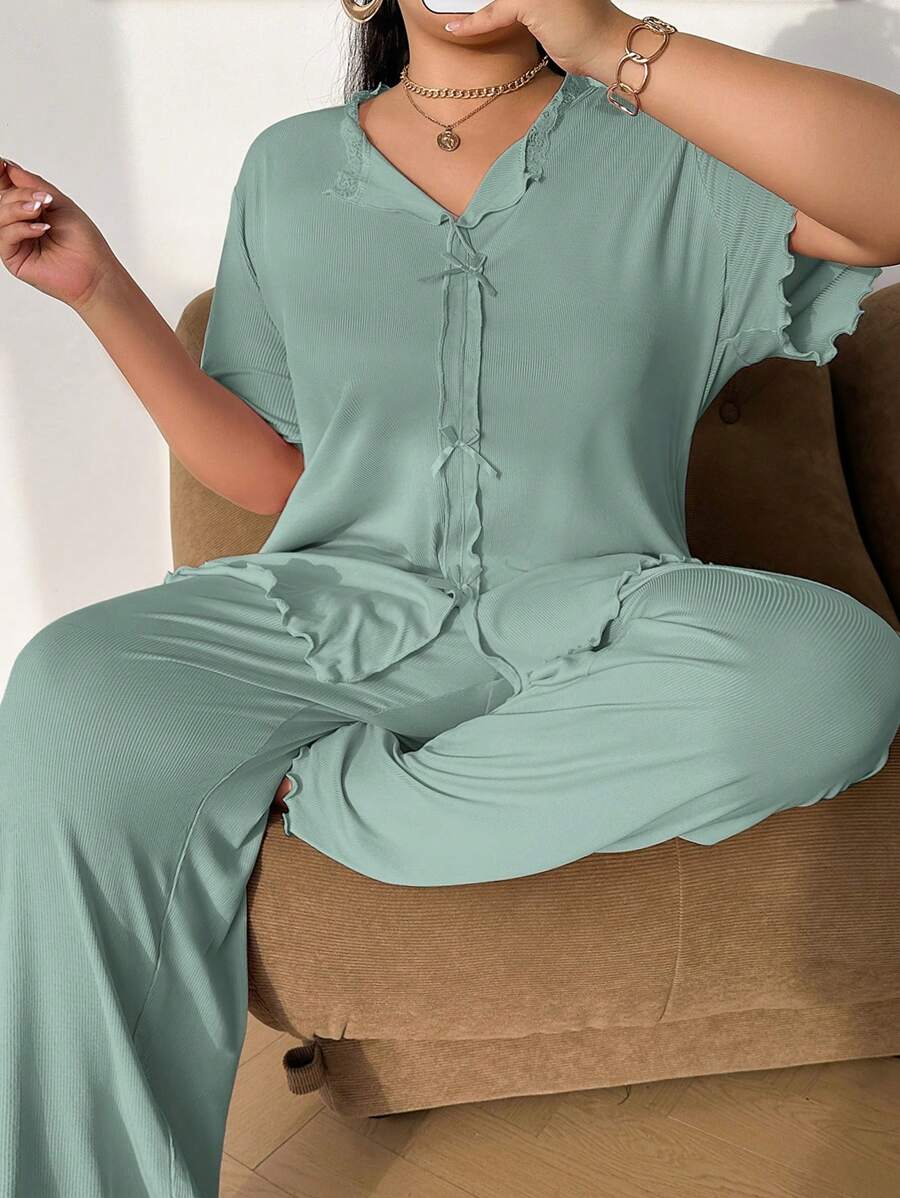 SHEIN Solid Color Bow Decor Knitted Long Sleeve Top & Pants Lounge Set, Plus Size, Outfits - Green - View 1