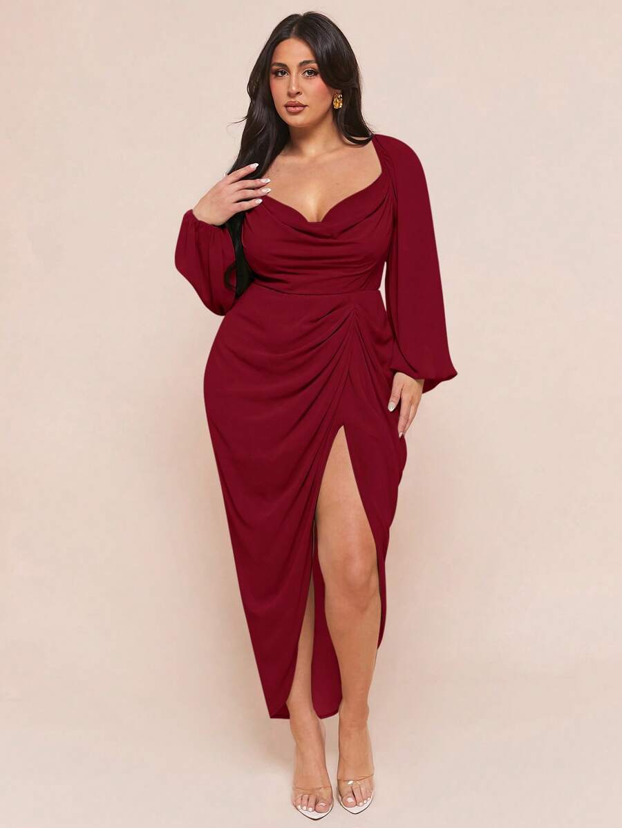 SHEIN BAE 大码女式优雅派对约会性感闪光亮片垂坠领褶饰不对称下摆开衩长袖连衣裙，豌豆绿，婚礼宾客礼服女式 - 酒紅色 - 查看 1