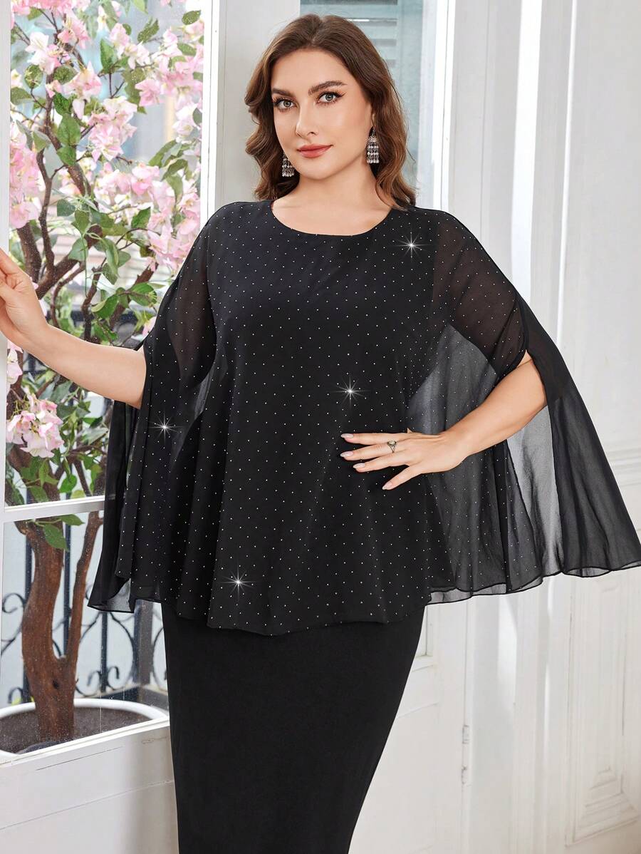 Lacomfia Plus Size Women's Solid Color Chiffon Splice Casual Dress - Black - View 1