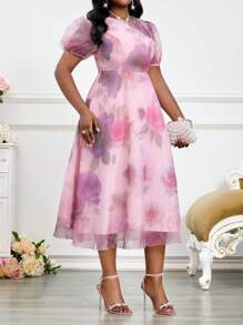 SHEIN Lady Vestido Body con contraste de cuello, manga globo y malla, de punto morado, elegante para oficina y uso diario, tallas grandes, vestidos elegantes de mujer, ropa de verano elegante, ropa de primavera