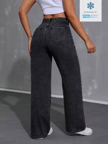 SHEIN Tall Pantalones vaqueros de talle alto, sólidos, sueltos, de moda informal y con pierna ancha para mujeres - Negro - Ver 2
