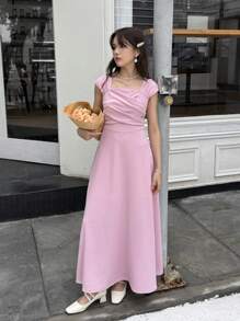 SHEIN 少女优雅夏季纯白色简约方领百褶连衣裙 - 粉色 - 查看 7