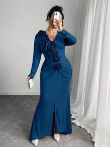 Modelyn Vestito elegante a trapezio con decorazione floreale 3D e volant, taglie comode per donne di taglia grande