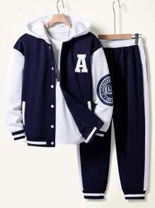 SHEIN Teen Boy American Collegiate Style Letter Graphic Hooded Sweatshirt & Patchwork Long Pants Set Chic Outfits For Autumn/Winter