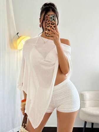 Breezaya Women's Daily Casual Solid Color Knitted High End Design Asymmetrical Poncho Loose Thin Sweater, Spring/Summer Fall Winter