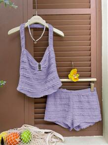 SHEIN EZwear Women's Summer Textured Halter Neck Tank Top And Ultra Shorts Set For Vacation