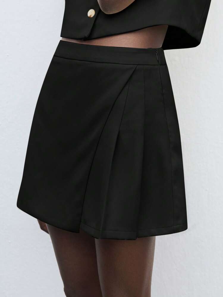 SHEIN Maija Black Sleeveless Single-Breasted V-Neck Top, Basic Versatile Minimalist Skort, Fashionable Sophisticated Urban Style Women's 2 Pieces Set, Suitable For Wedding Guests, Elegant Business Casual Office Wear
