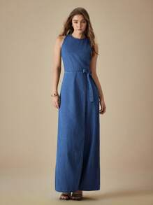 SHEIN Frenchy 女式纯色休闲无袖阔腿牛仔连体裤 - 藍色 - 查看 5