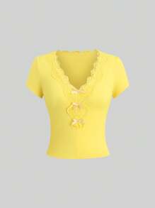 Sweetra Summer Elegant Lace Patchwork Bow Decor T-Shirt