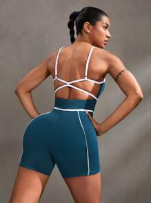 Powerista 对比色边露背吊带背心无缝连体裤运动裤 - 霧霾藍 - 查看 3