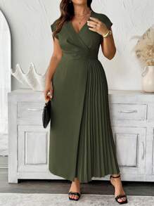 SHEIN Clasi 女士加大码简约优雅 V 领腰部褶皱下摆长裙，适合办公室、休闲、度假、下午茶，浅色 - 軍綠色 - 查看 4